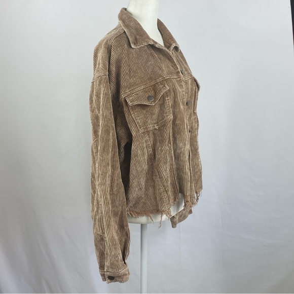 POL Brown Corduroy Distressed Jean Jacket Size M Raw Hem Oversized - Picture 4 of 12